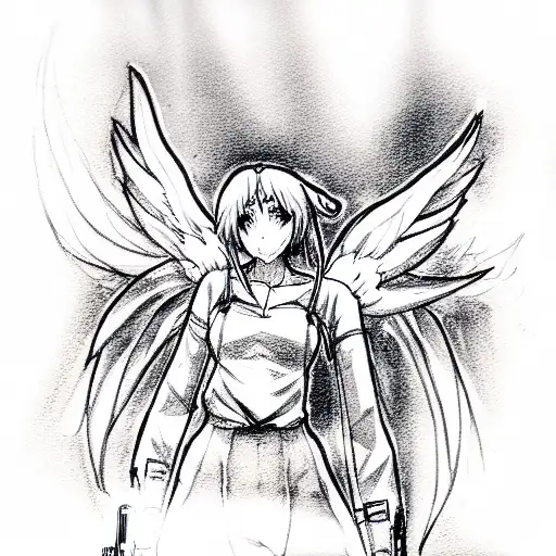 An anime angel holds a gun in his stretched out hand tattoo design idea
