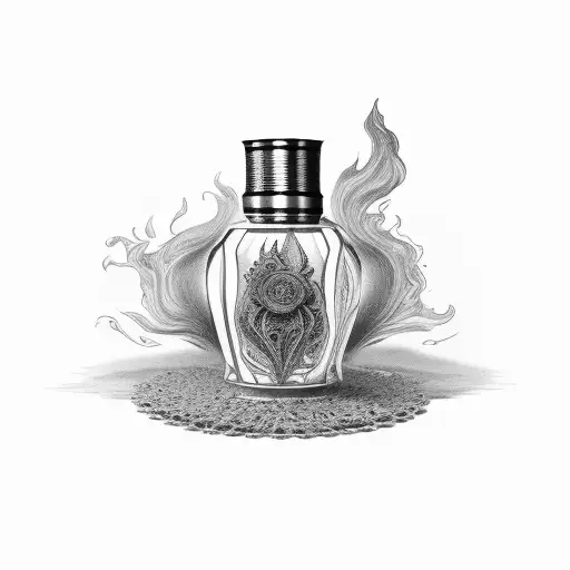 An old perfume bottle with a burnt match inside tattoo design idea