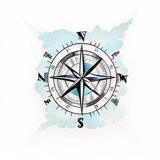A traditional compass tattoo with a surfboard and ocean waves as the background tattoo design idea