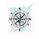 A traditional compass tattoo with a surfboard and ocean waves as the background tattoo design idea