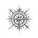 A traditional compass tattoo with a surfboard and ocean waves as the background tattoo design idea