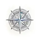 A traditional compass tattoo with a surfboard and ocean waves as the background tattoo design idea