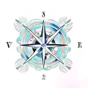 A traditional compass tattoo with a surfboard and ocean waves as the background tattoo design idea