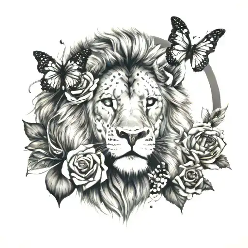 lion, butterfly, rose, moon tattoo design idea