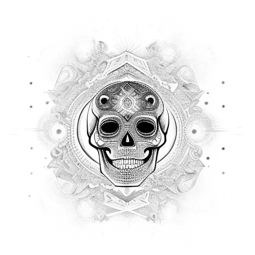 A mystical skull adorned with intricate geometric patterns and surrounded by celestial bodies tattoo design idea