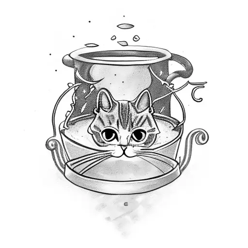 A cat sitting inside a cauldron, surrounded by punk and metal symbols. tattoo design idea