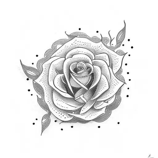 A dotwork tattoo of a motorcycle rider surrounded by roses and musical notes tattoo design idea