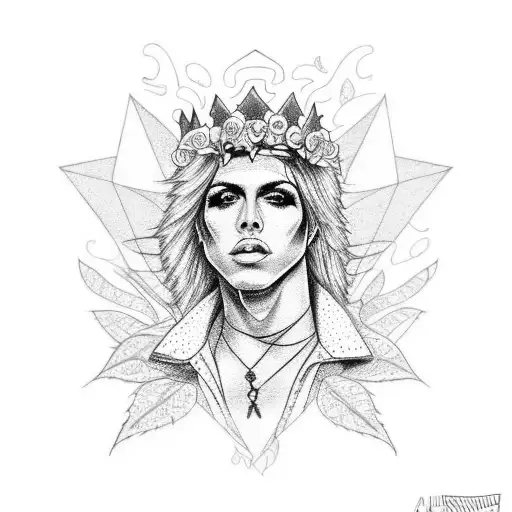 A dotwork tattoo of a glam rock star with a rose crown and a motorcycle in the background tattoo design idea