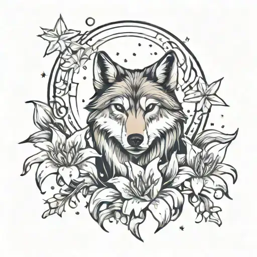  Wolf Lake Moon stars lily flower tattoo design idea