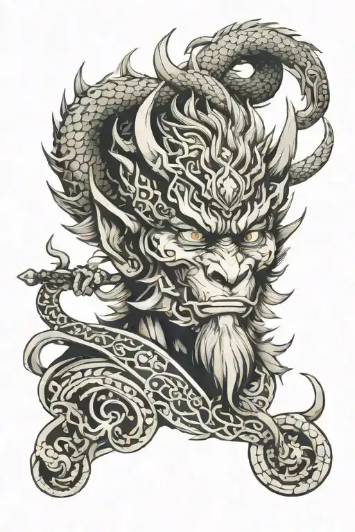 Dragon, Sun Wukong face very detailed tattoo design idea