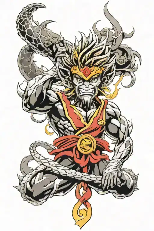 Dragon, Sun Wukong face very detailed tattoo design idea