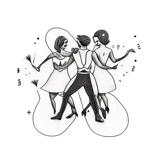 A trio of friends holding hands and dancing in different styles from around the world with letters r,s,l in hidden forma tattoo design idea