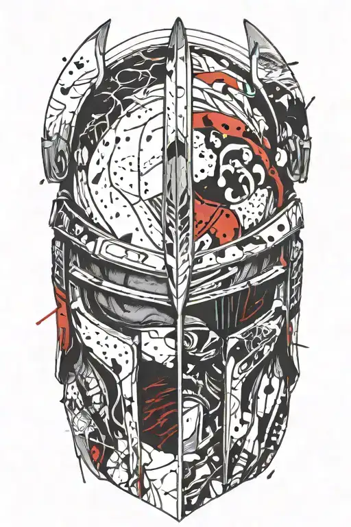 Half of a Spartan helmet, the cut that separates them, half of a samurai helmet tattoo design idea