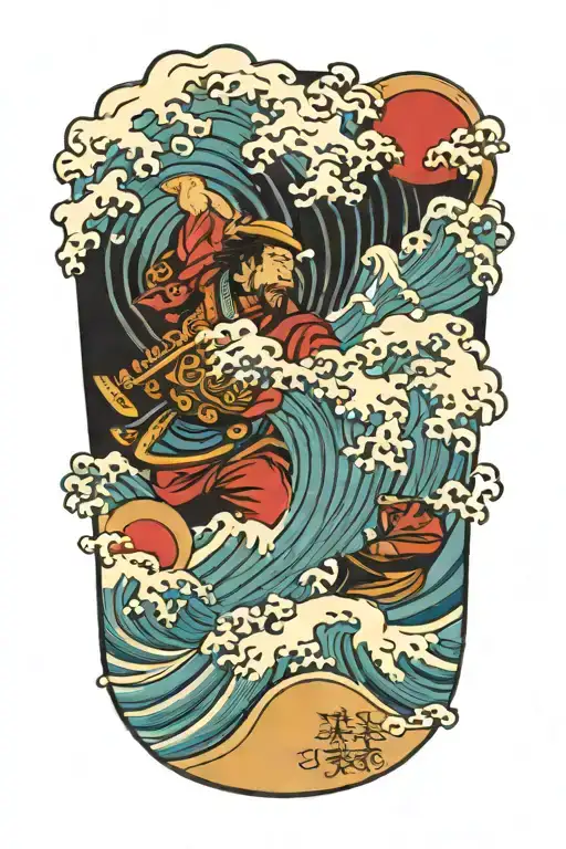 Chinese wave with samurai and Spartak tattoo design idea