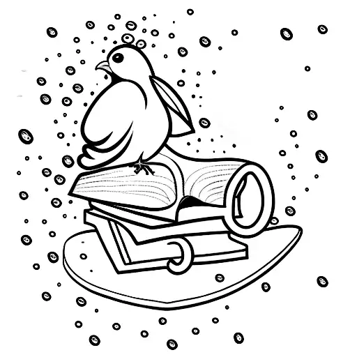 A minimalist tattoo of a bird sitting on a stack of books, with a coffee cup and raindrops in the background tattoo design idea