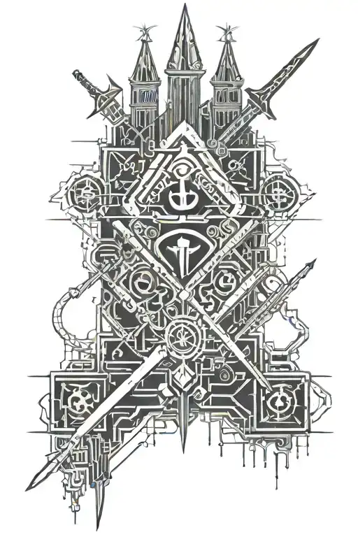 castle and swords crossed tattoo design idea