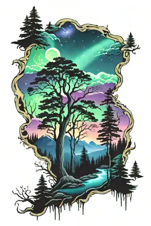 AURORA BOREALIS in forest scene tattoo design idea