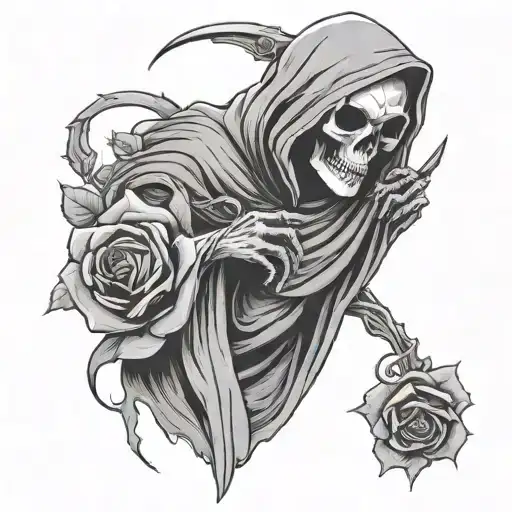Grim reaper looking sad holding a rose with pettles dropping off  tattoo design idea
