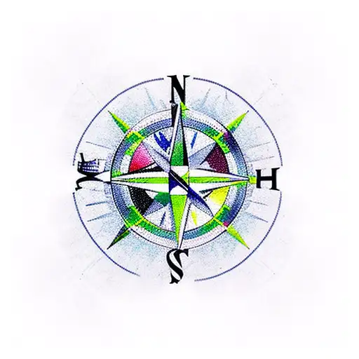 a compass inside a broad mountain range, chess queen as pointer. peruvian and finnish landscapes in the background tattoo design idea