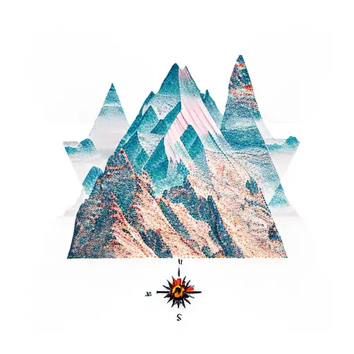 a compass inside a broad mountain range, chess queen as pointer. peruvian and finnish landscapes in the background tattoo design idea