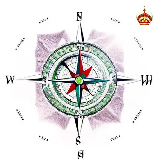 a compass inside a mountain range. a queen chesspiece integrated and finnish and peruvian symbols around tattoo design idea