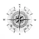 a compass inside a mountain range. a queen chesspiece integrated and finnish and peruvian symbols aroumd tattoo design idea