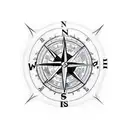 a compass inside a mountain range. a queen chesspiece integrated and finnish and peruvian symbols aroumd tattoo design idea