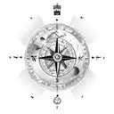 a compass inside a broad mountain range, chess queen as pointer. peruvian and finnish landscapes in the background tattoo design idea