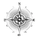 a compass inside a broad mountain range, chess queen as pointer. peruvian and finnish landscapes in the background tattoo design idea