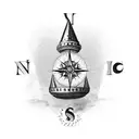 a compass inside a broad mountain range, chess queen as pointer. peruvian and finnish landscapes in the background tattoo design idea