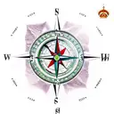 a compass inside a mountain range. a queen chesspiece integrated and finnish and peruvian symbols around tattoo design idea