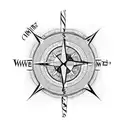 a compass inside a mountain range. a queen chesspiece integrated and finnish and peruvian symbols around tattoo design idea