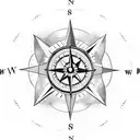 a compass inside a mountain range. a queen chesspiece integrated and finnish and peruvian symbols around tattoo design idea