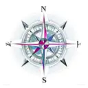 a compass inside a mountain range. a queen chesspiece integrated and finnish and peruvian symbols around tattoo design idea