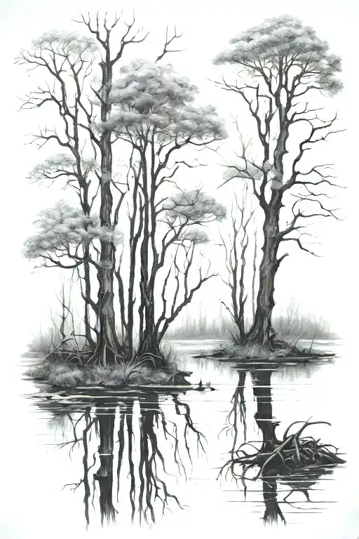 swamp trees black and white  tattoo design idea