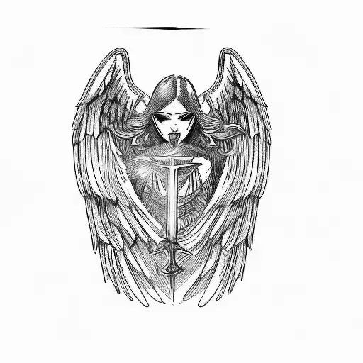 an angel holding a sword, sun rays above, clouds below tattoo design idea