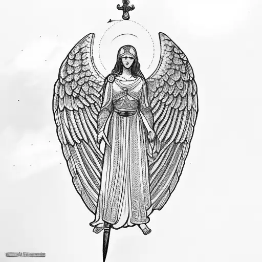 an angel holding a sword, sun rays above, clouds below tattoo design idea