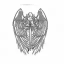 an angel holding a sword, sun rays above, clouds below tattoo design idea