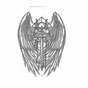 an angel holding a sword, sun rays above, clouds below tattoo design idea