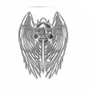 an angel holding a sword, sun rays above, clouds below tattoo design idea