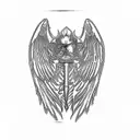 an angel holding a sword, sun rays above, clouds below tattoo design idea