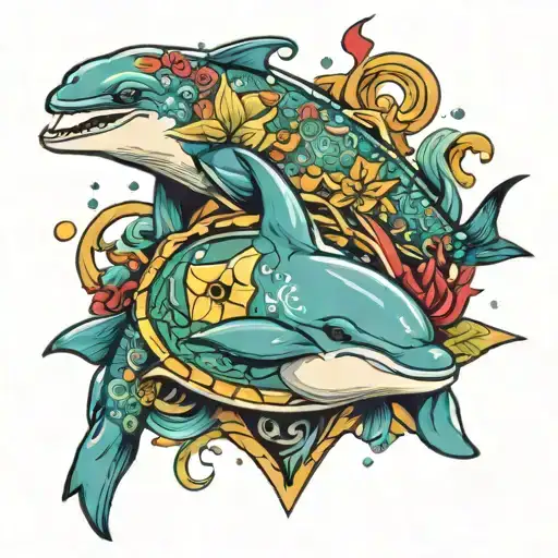 dolphin sea turtle fish with card suits around them with starfush in center of them  tattoo design idea