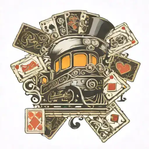 train car with playing cards repeating pattern of train tracks, conductors hat in center tattoo design idea