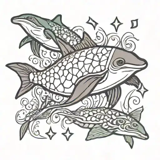 dolphin sea turtle fish with card suits around them with starfush in center of them  tattoo design idea