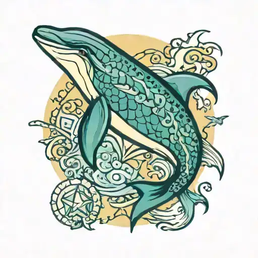 soothing blue-green background dolphin fish sea turtle with card suits around starfish in center tattoo design idea