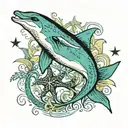 soothing blue-green background dolphin fish sea turtle with card suits around starfish in center tattoo design idea