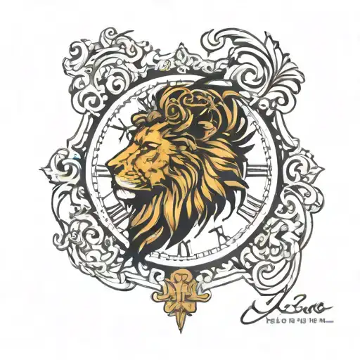 lion clock face tattoo design idea
