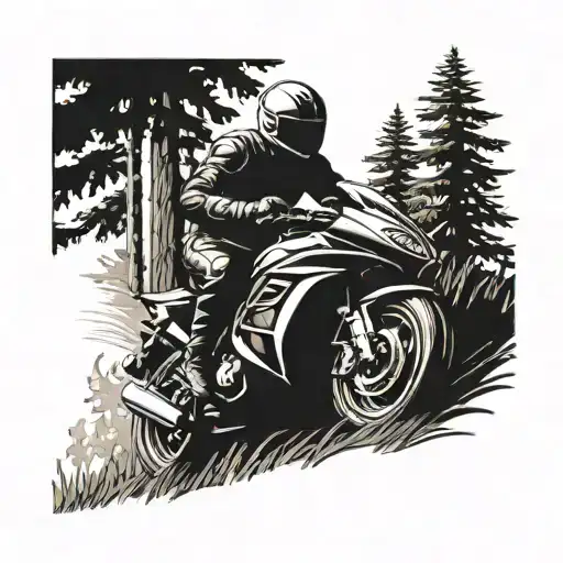 A hayabusa motorcycle speeding through a forest of tall trees, with a hidden dagger motif in the background tattoo design idea