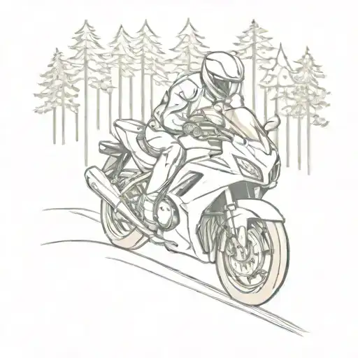 A hayabusa motorcycle speeding through a forest of tall trees, with a hidden dagger motif in the background tattoo design idea