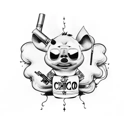 Stich with sunglasses dressed as a Mexican gang member with guns in hands smoking a cigarette  tattoo design idea